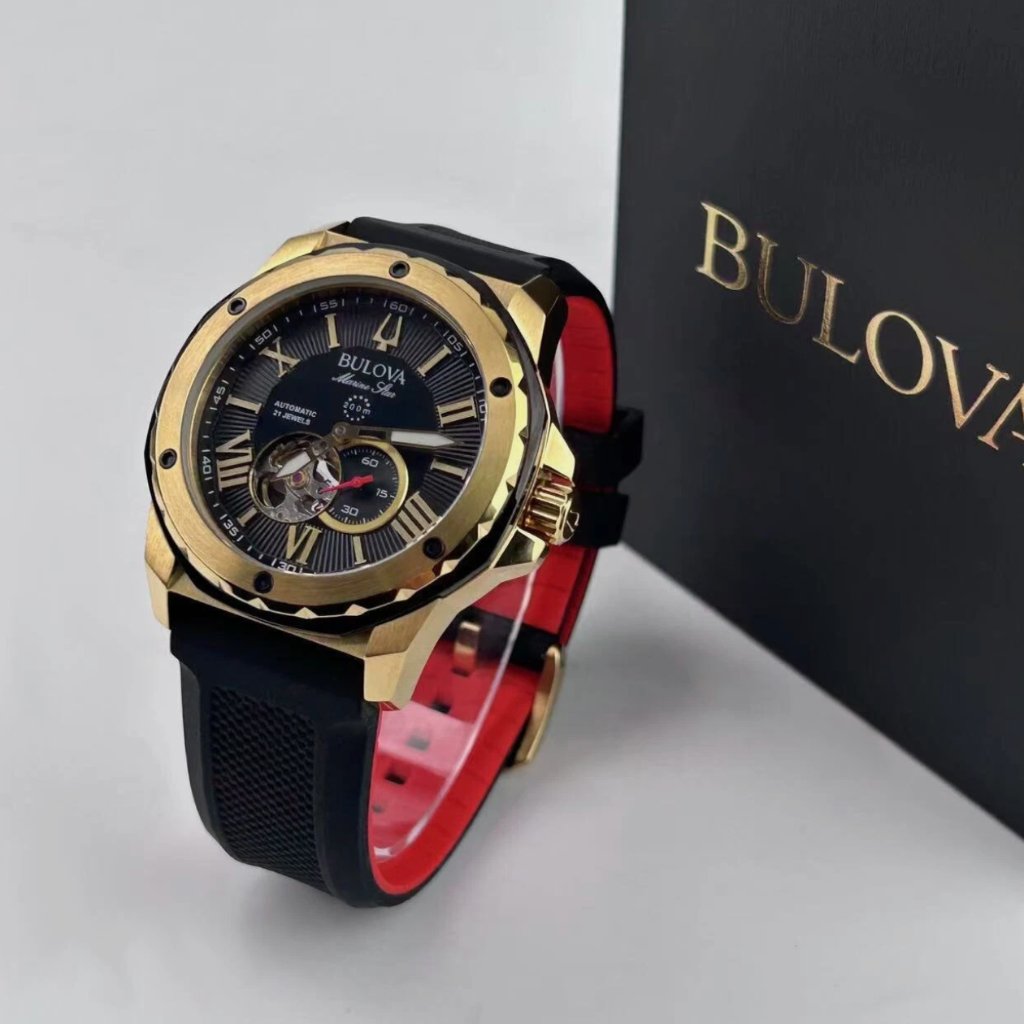 Bulova Marine Star Men's Automatic Watch Black Dial Rubber Strap 44mm